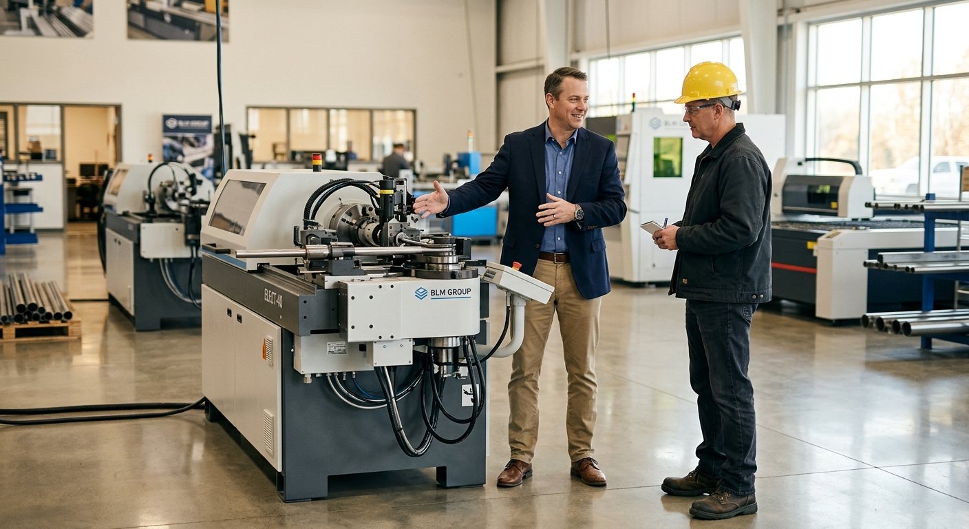 Sales rep gesturing toward a CNC tube bender on a dealership showroom floor while a hard-hatted buyer looks on