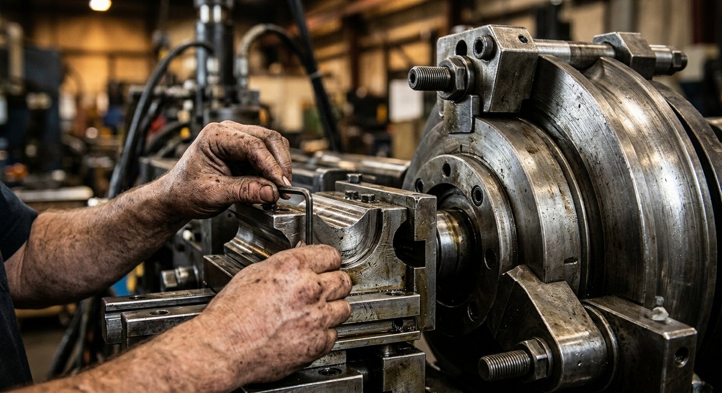 Close-up of a technician's hands adjusting a steel tooling die on a CNC pipe bending machine head, shallow depth of field