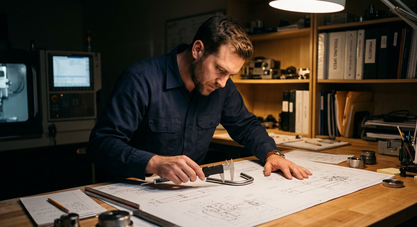Engineer in navy shirt studies custom tube bending blueprints with a caliper and metal tube sample on a lit drafting table