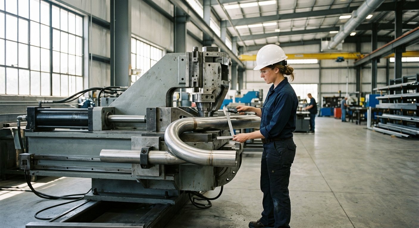 Female engineer in hard hat inspecting a bent steel pipe on a large mandrel bending machine inside a manufacturing facility