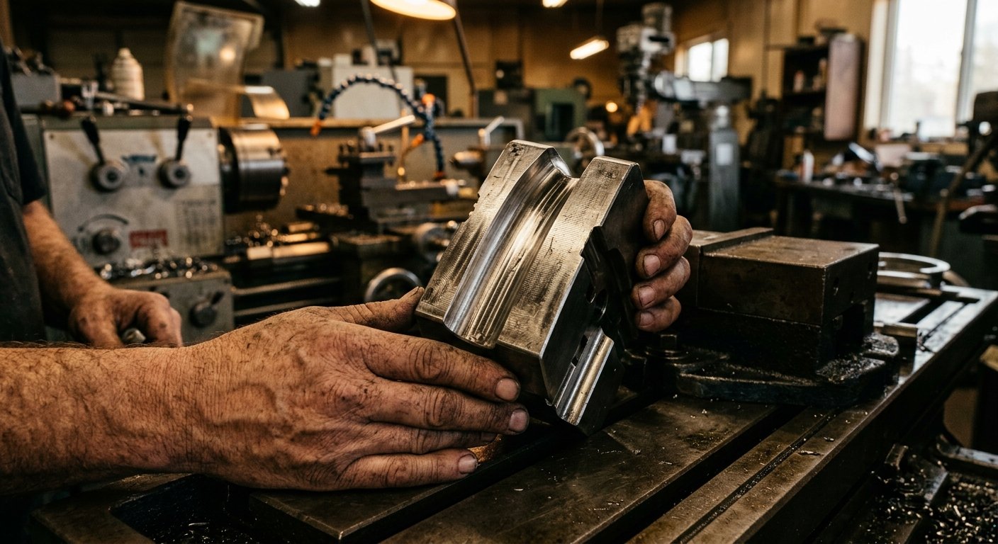 Weathered hands holding a precision-machined custom pipe bending die insert over a metal machine shop worktable