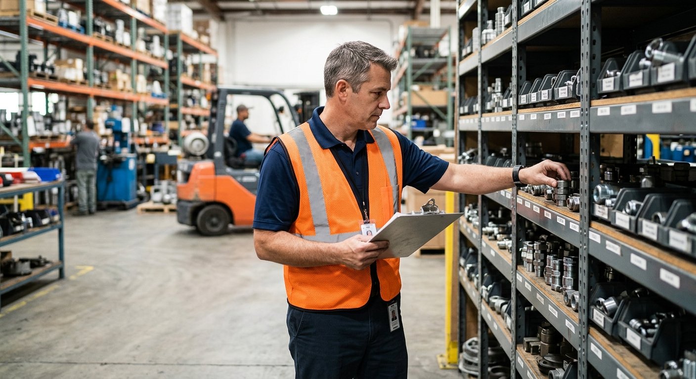 Male supply chain manager in safety vest reviews clipboard inventory beside shelved hydraulic components in a sunlit American