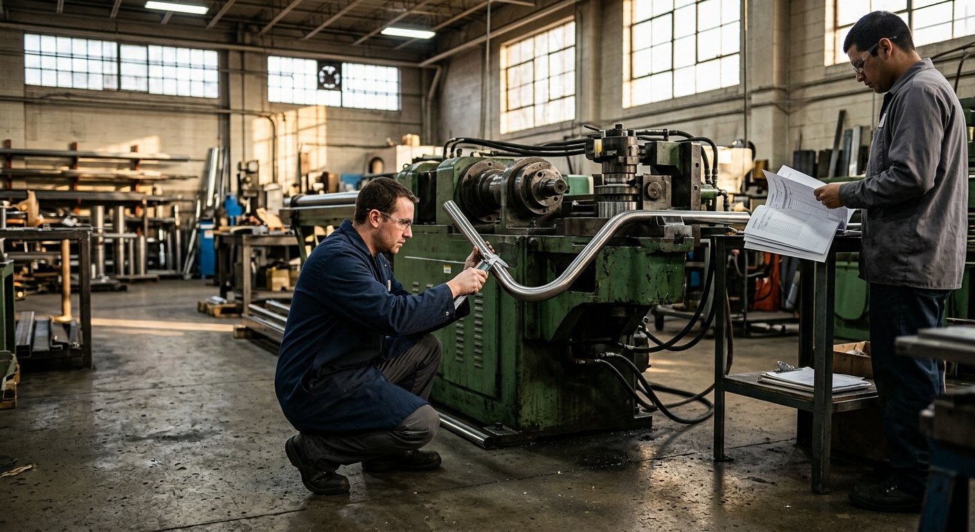 Technician inspecting a bent metal tube beside a large CNC tube bender on a factory floor while a colleague reviews paperwork