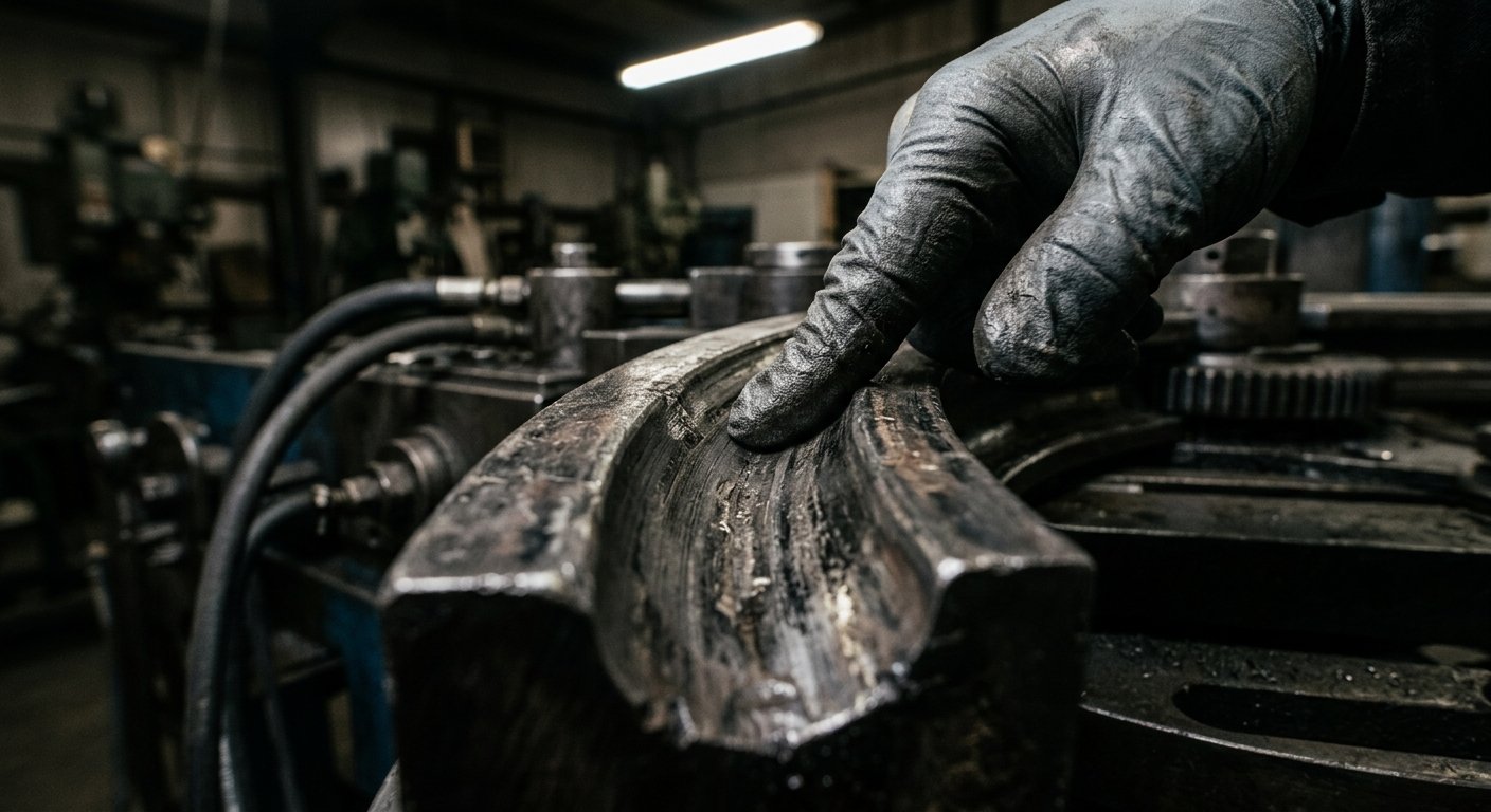 Gloved hand inspecting the groove of a steel bend die for wear, pitting, and galling on a tube bender