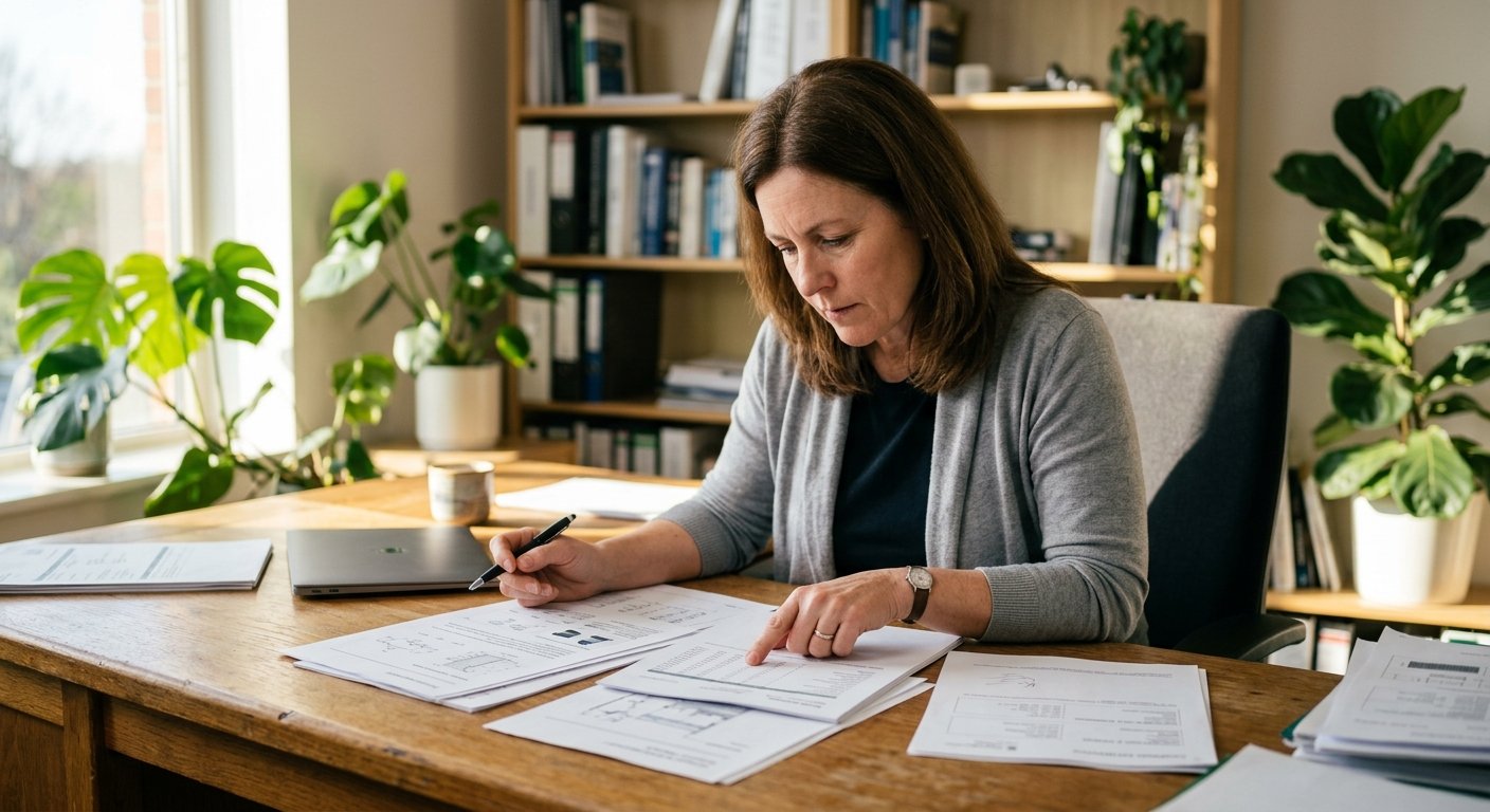 Woman at a desk reviewing technical documents and calibration certificates in a sunlit office