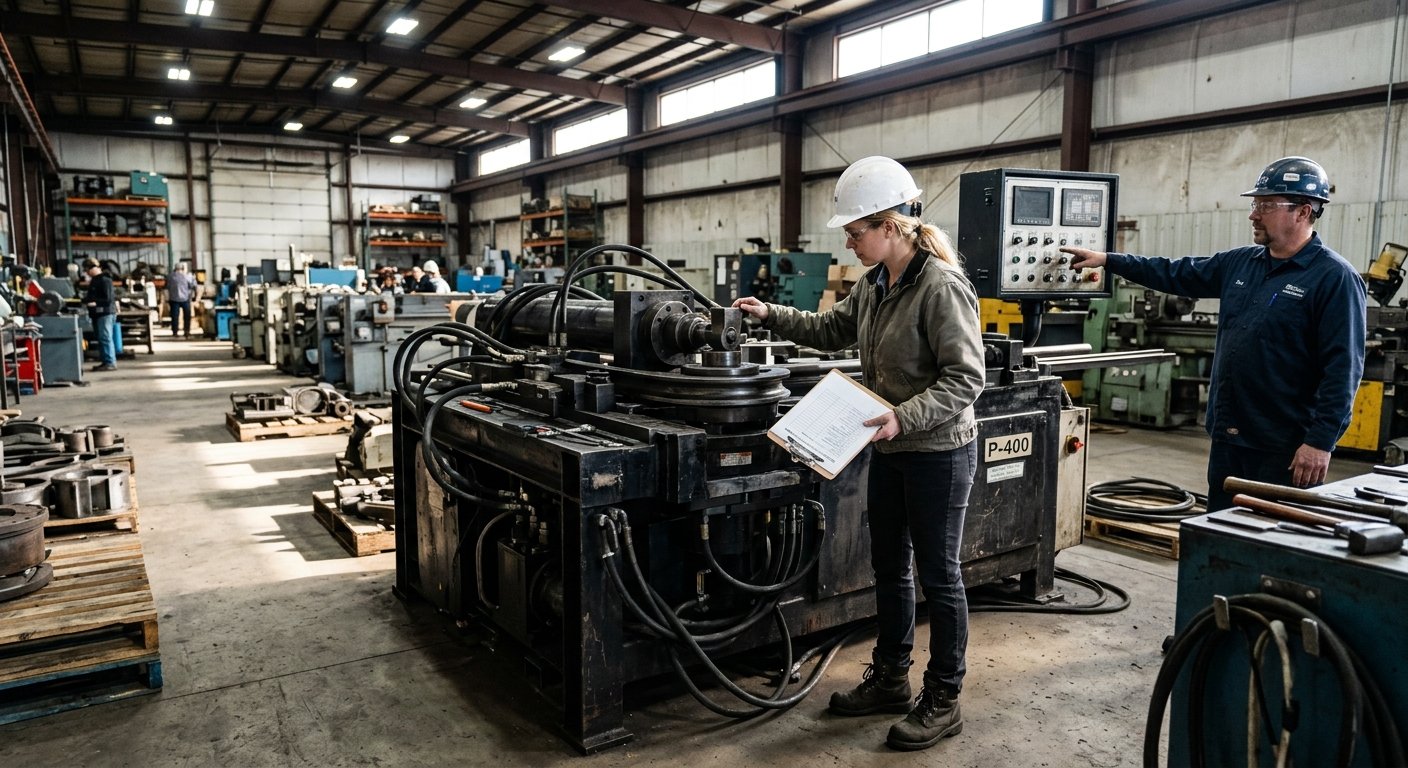 Woman in hard hat inspects a used industrial pipe bender on a dealer warehouse floor while a technician gestures toward the c