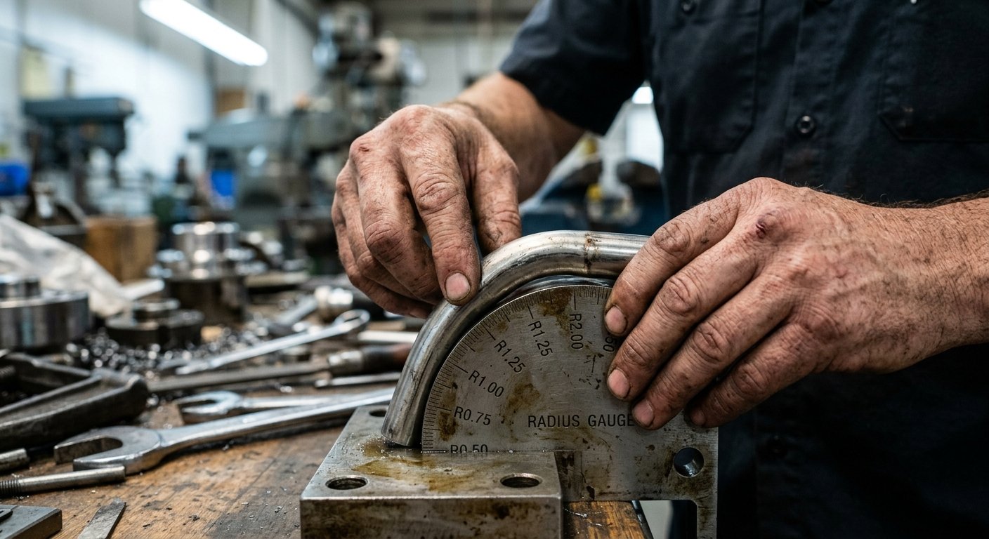 Close-up of weathered hands holding a bent stainless steel tube against a metal radius gauge on a machinist's workbench