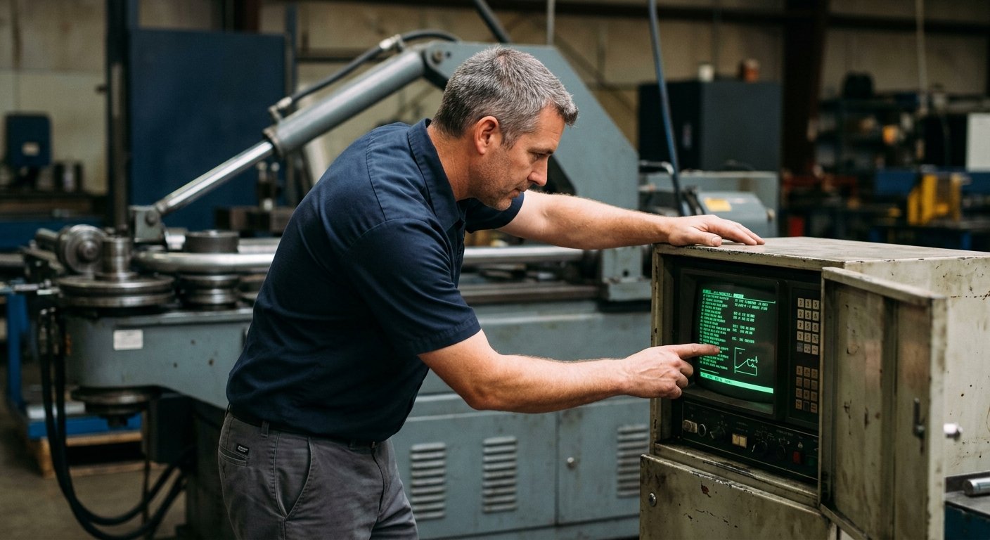Male technician pointing at an older CNC control panel screen on a tube bending machine in a dimly lit machine shop.