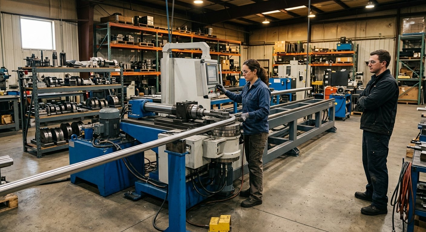 Female machinist operates a CNC mandrel tube bender on a factory floor while a male colleague observes nearby.
