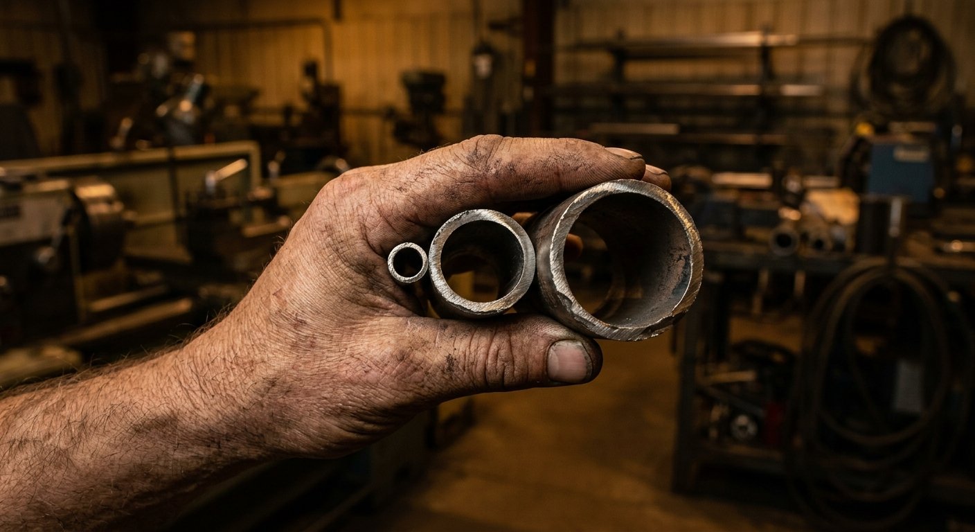 Weathered hands holding three steel tube sections of progressively larger diameters side by side under warm workshop light