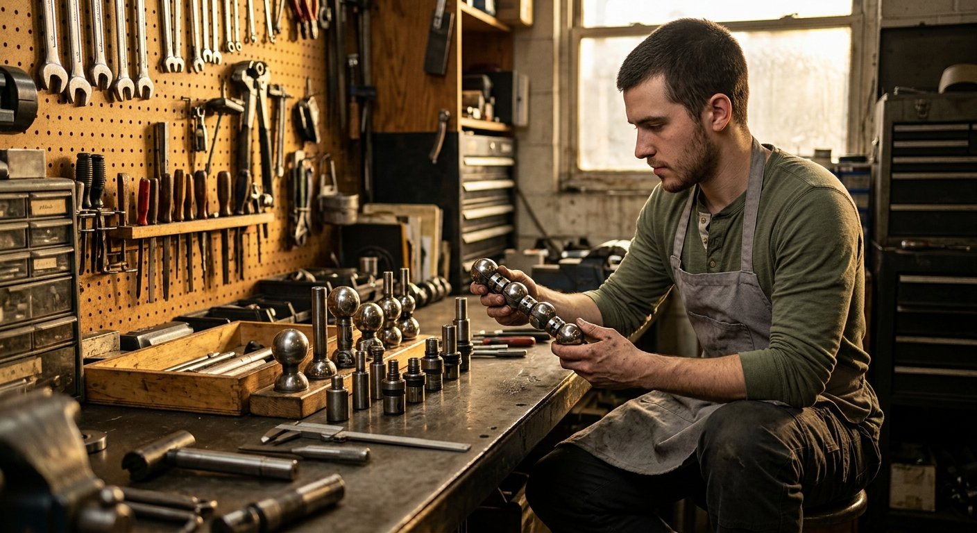 Male technician in gray apron crouches at workbench examining mandrel assemblies with articulating ball joints in a warmly li