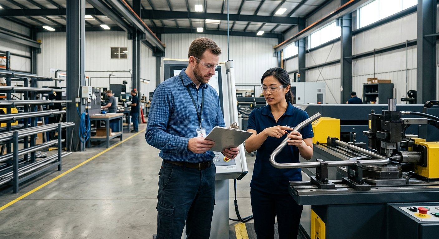 Engineer and technical representative examine a bent titanium tube beside a large CNC bending machine on an industrial factor