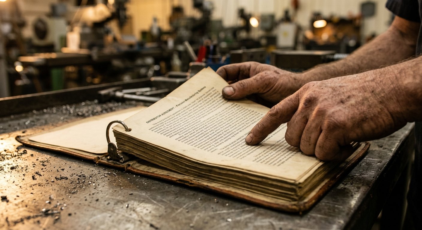 Weathered hands holding open a printed distributor agreement binder on a metal workshop bench, one finger tracing contract te