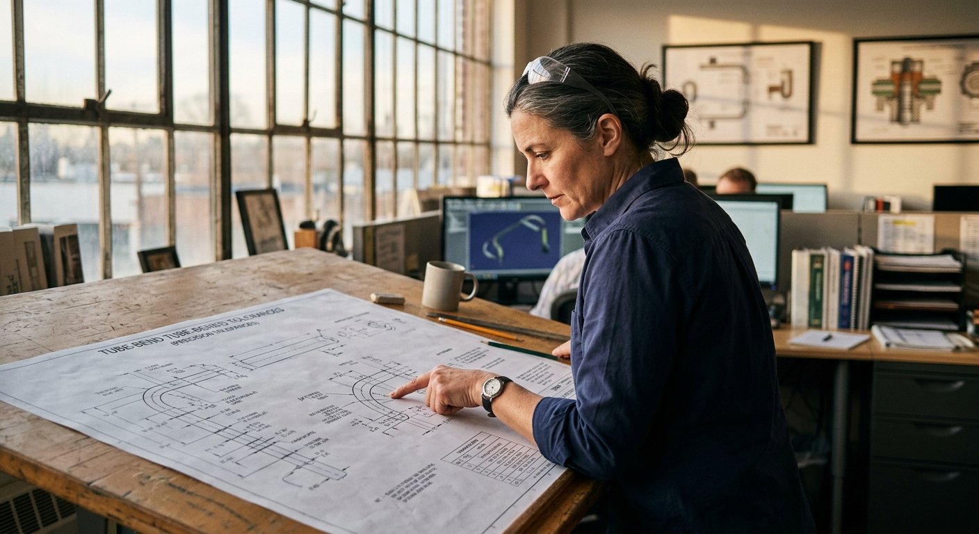 Female engineer in safety glasses studies a large tube-bend specification sheet at a drafting table in a sun-lit manufacturer