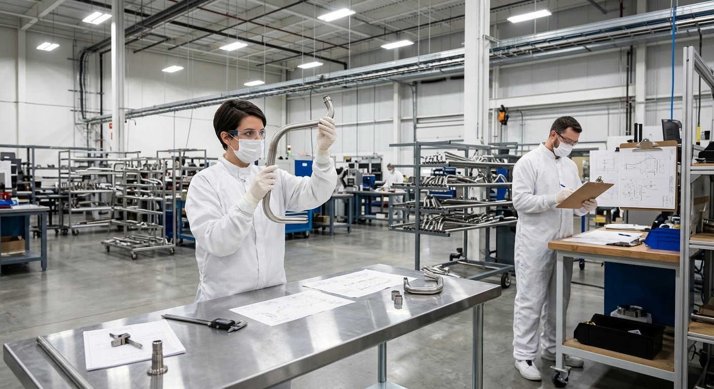 Female engineer in cleanroom suit inspects a bent titanium tube under bright facility lights while a colleague reviews drawin