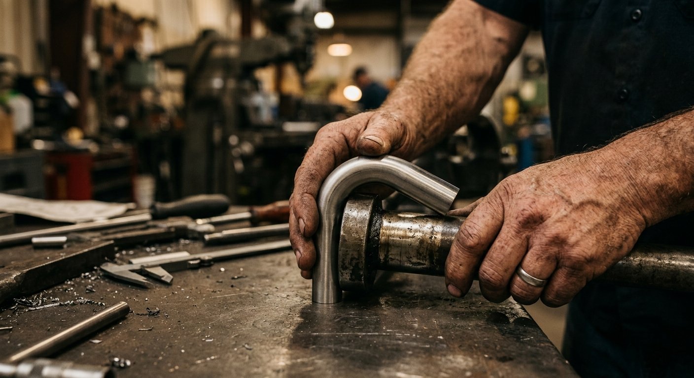 Machinist's hands positioning a bent stainless steel tube against a mandrel tool on a metal workbench, showing the curve's ce