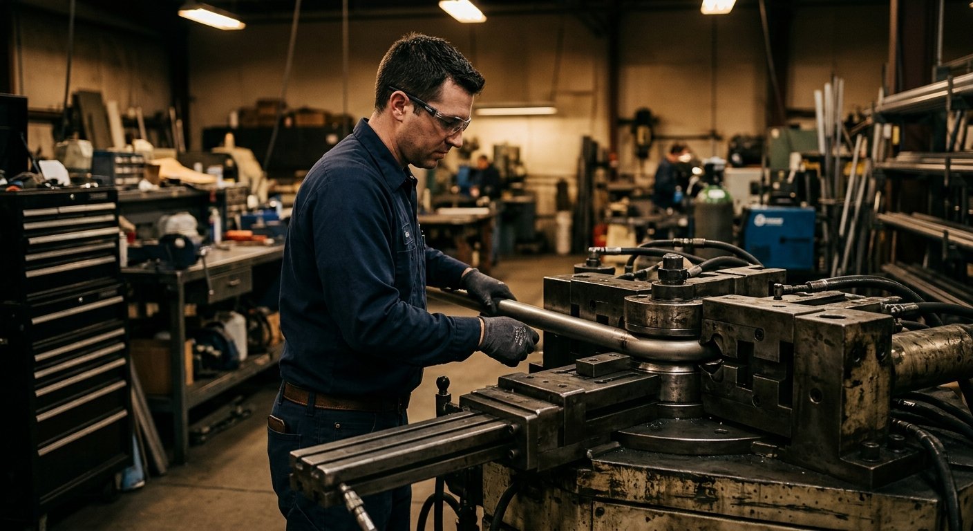 Male technician loading a titanium tube into a CNC bending machine in an aerospace fabrication shop, late-afternoon light.