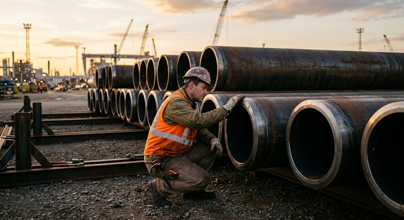 Pipe fitter crouching beside stacked large-diameter heavy wall steel pipes in an industrial storage yard at dusk