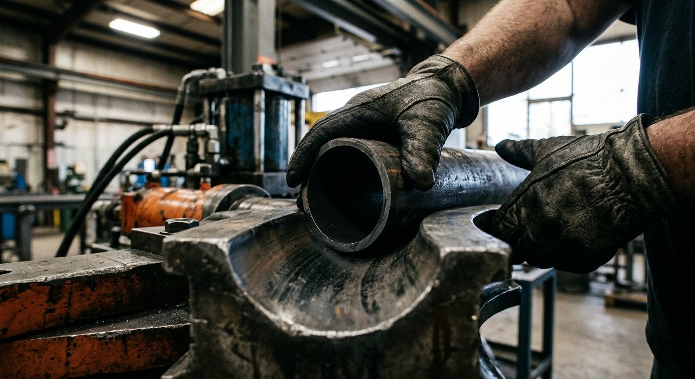 Gloved hands gripping a thick-walled steel pipe locked into a hydraulic bending die, close-up showing tooling contact and wal