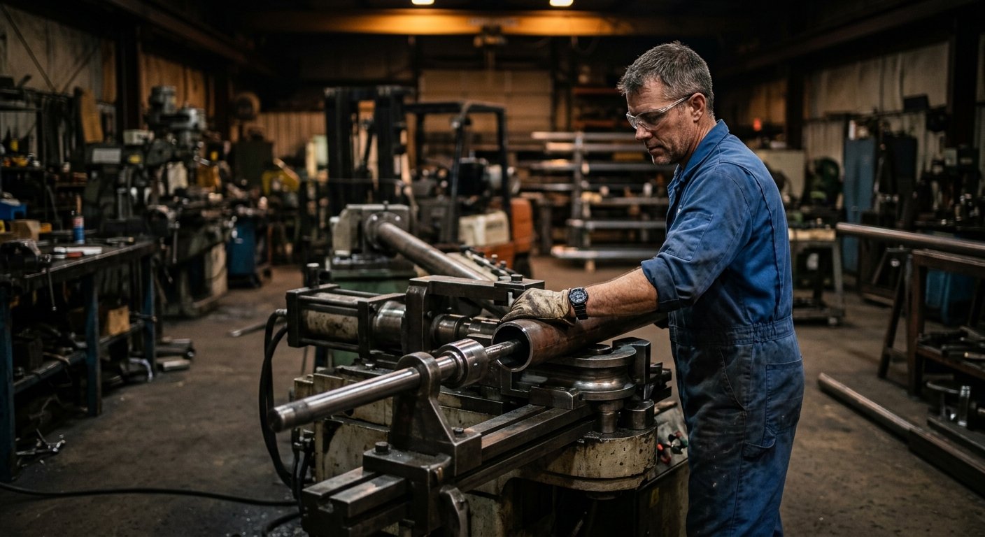 Machinist in blue coveralls feeds thick-walled steel pipe into a rotary draw bending machine with a mandrel rod inserted, lit