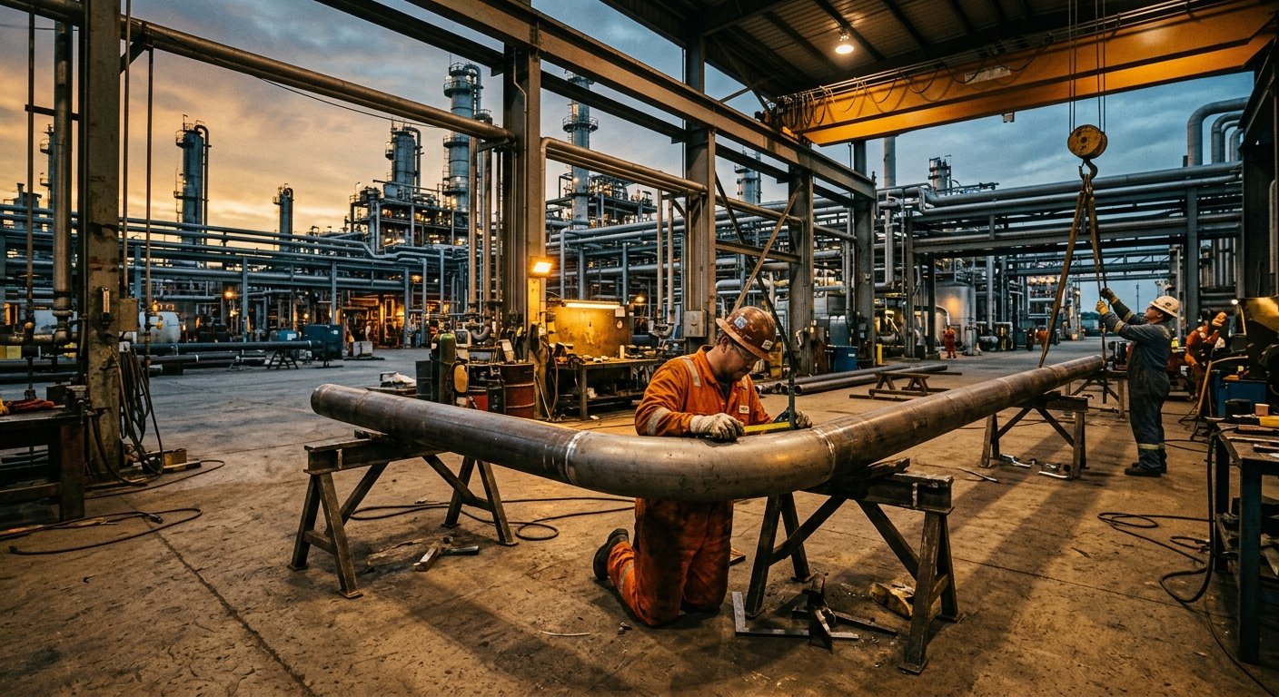 Pipe fabricator in FR coveralls inspecting a large bent steel pipe section on fabrication horses inside a petrochemical plant