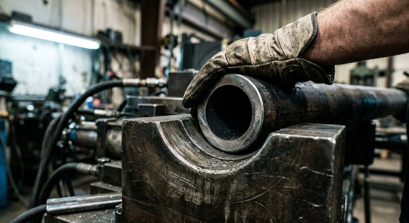 Gloved hands positioning a thick-walled steel pipe against a heavy-duty bending die, wall thickness visible at pipe end