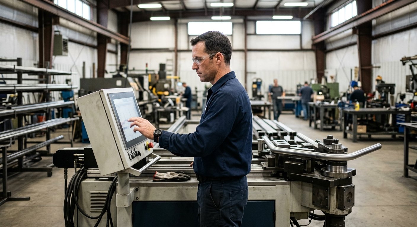 Technician operating a CNC pipe bender touchscreen control panel in a fabrication shop, bent tube assembly visible in backgro