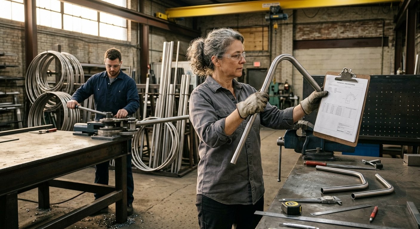 Female technician inspecting a tightly bent metal tube in a fabrication shop while a colleague operates a tube bender in the 