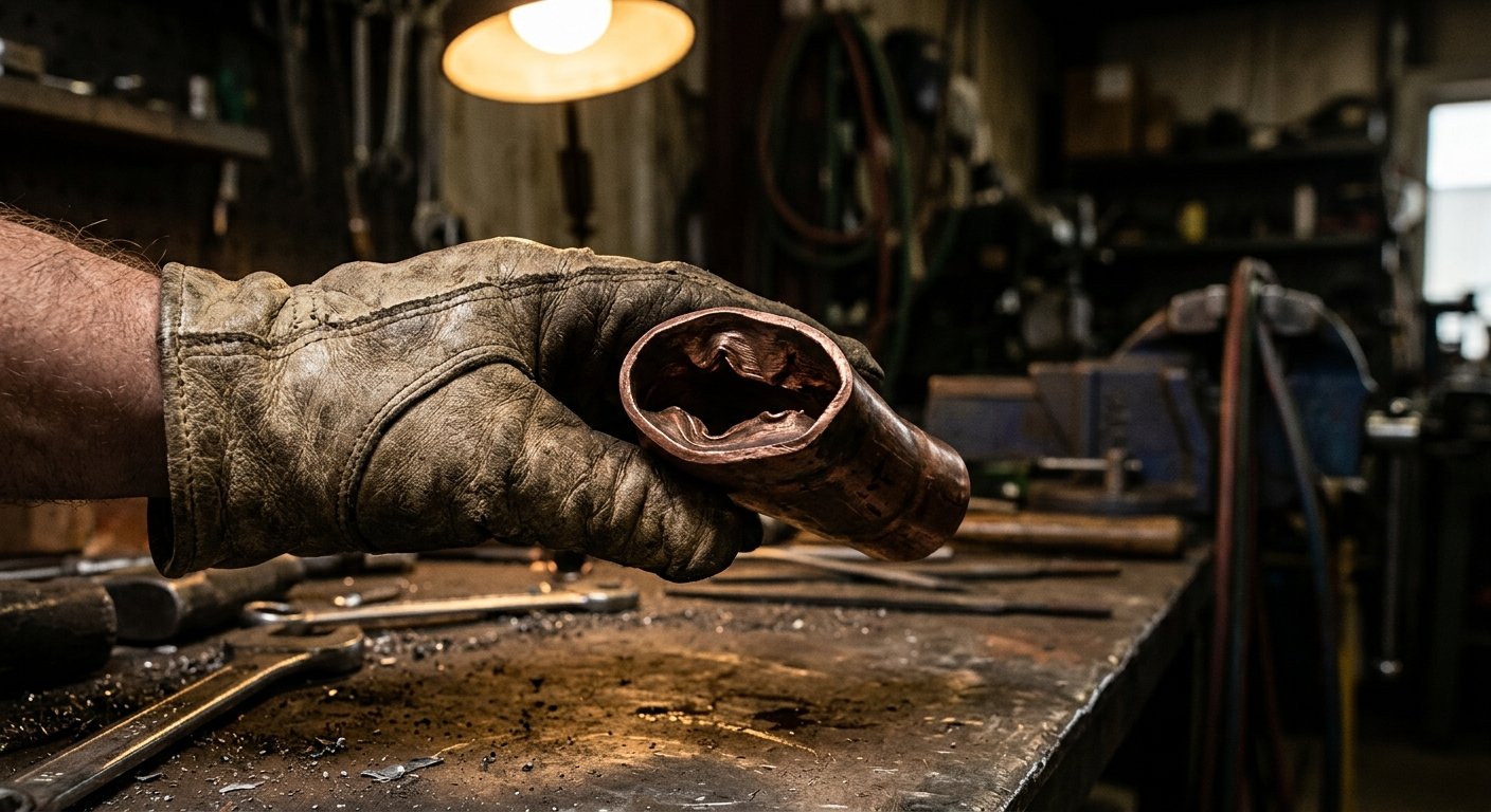 Gloved hand holding a copper tube with a failed tight-radius bend showing visible wrinkling, ovalization, and wall deformatio