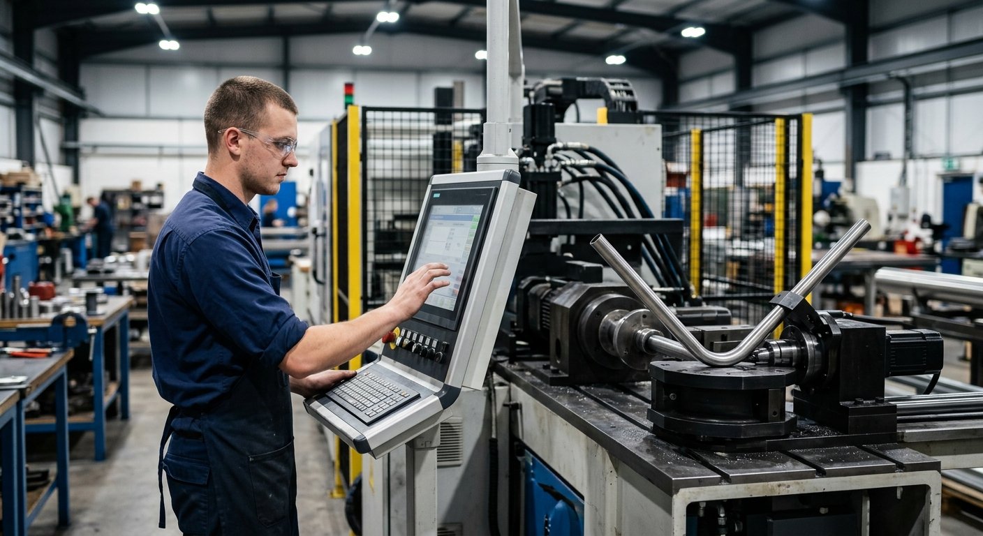Young male CNC operator adjusts servo settings on a touchscreen control panel beside a tube bending machine on a factory floo
